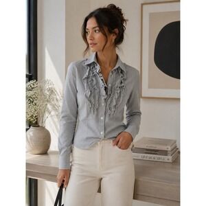 Banana Republic Gingham Ruffle Button Front Blouse S Cotton Long Sleeve Shirt